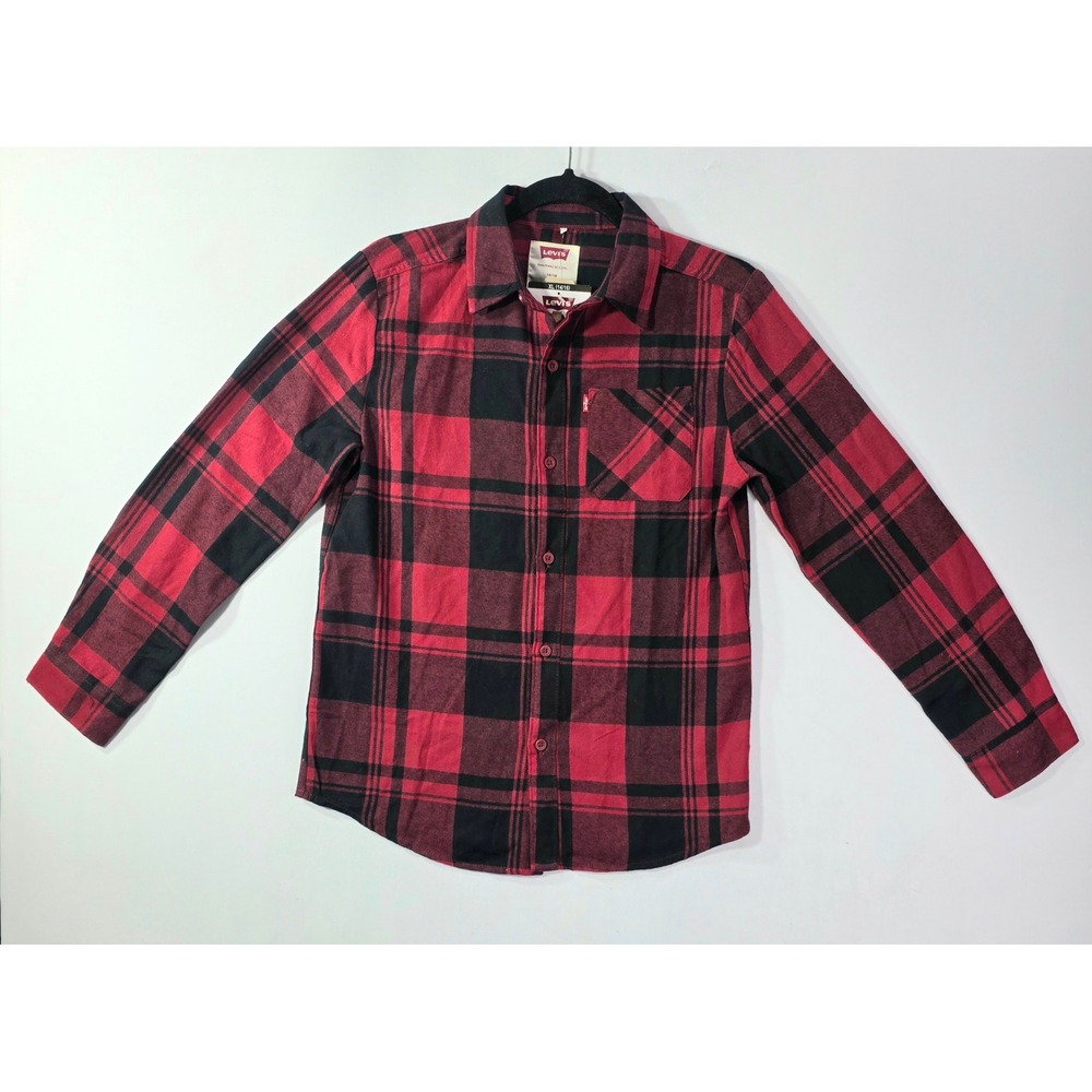 Levis Youth Boys XL 14/16 Red Black Buffalo Plaid Flannel Button Down Shirt NEW